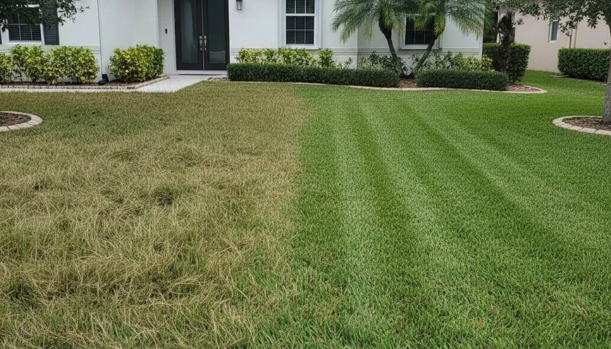 Before and after lawn mowing showing trimmed grass and clean edges in West Palm Beach, FL