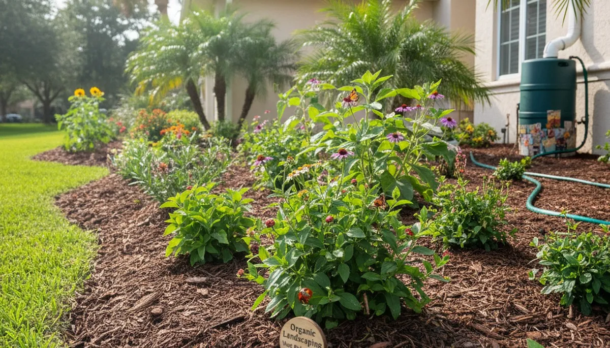 Organic landscape beds with natural mulch and native plants in West Palm Beach, FL by Chop Chop Landscaping