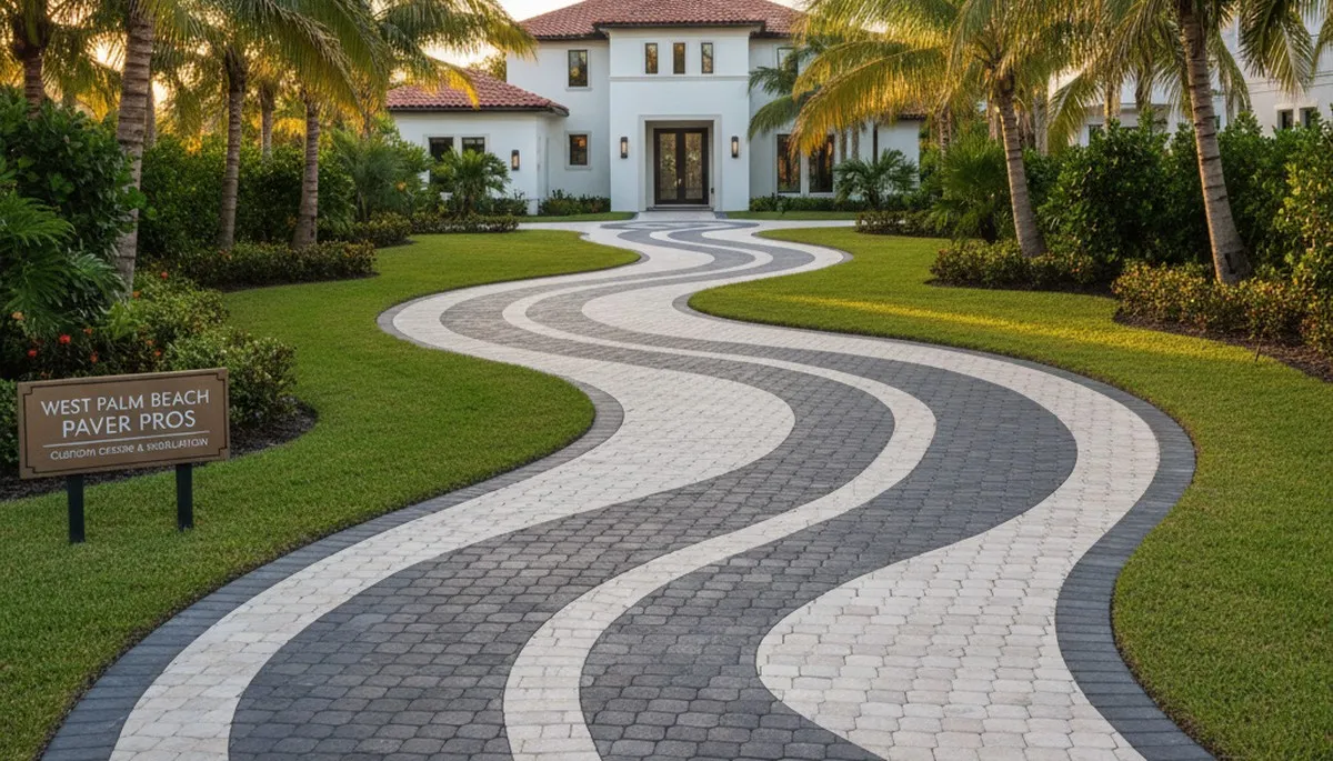 Curved paver driveway design by Chop Chop Landscaping in West Palm Beach, FL showcasing expert craftsmanship