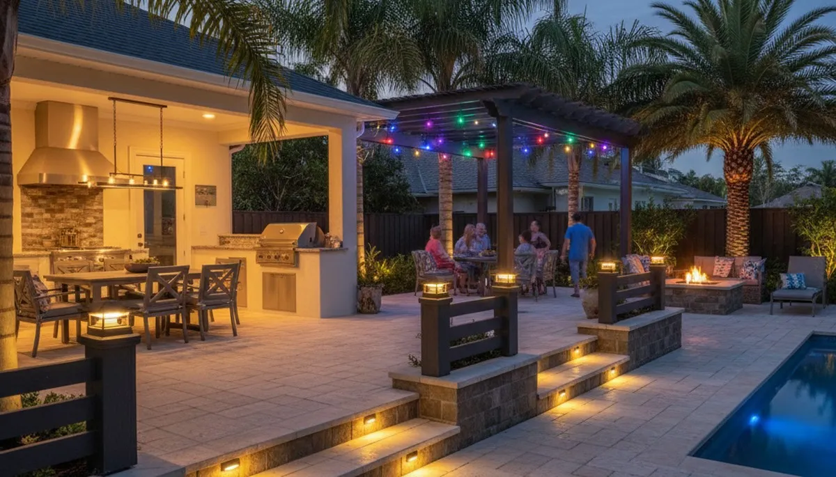 Evening patio lighting with post cap and step lights by Chop Chop Landscaping in West Palm Beach, FL