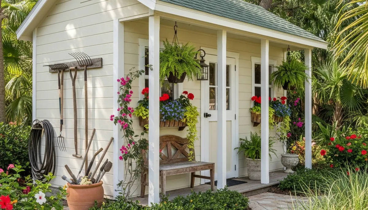Decorative garden shed with custom landscaping in West Palm Beach FL by Chop Chop Landscaping