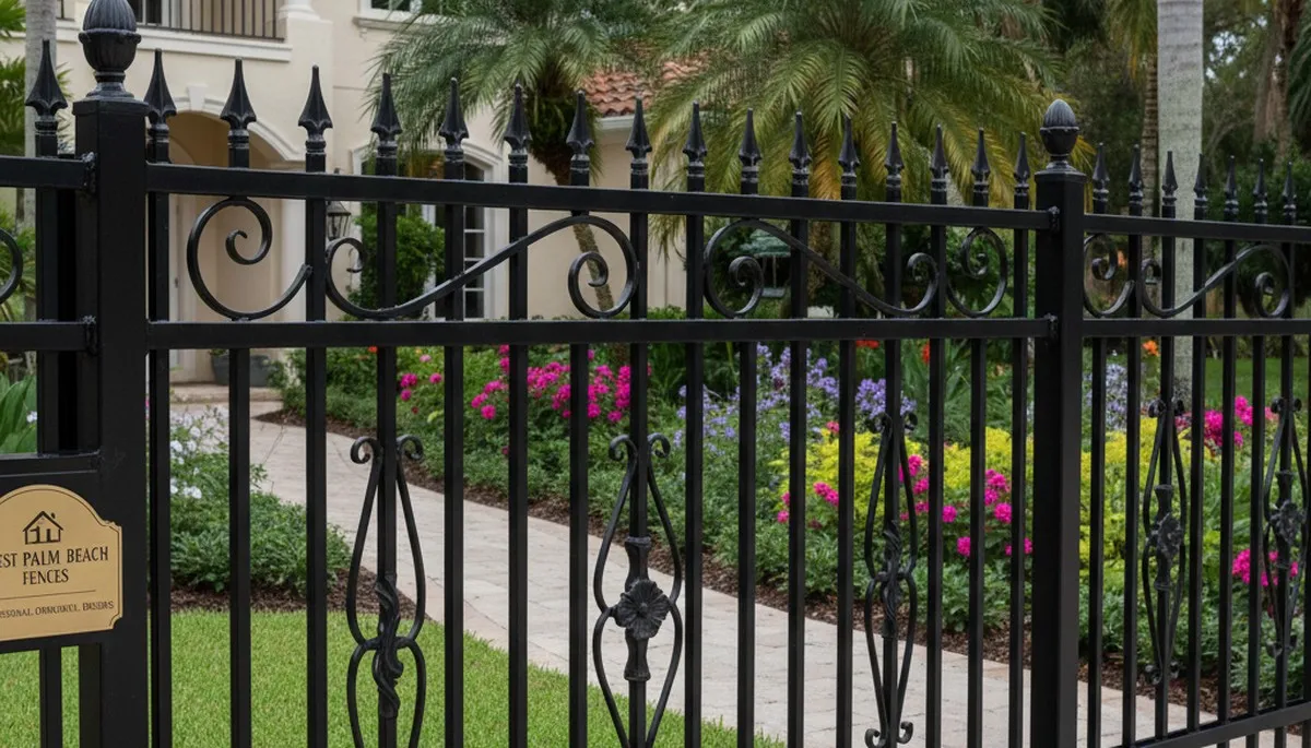 Black ornamental metal fence with decorative design by Chop Chop Landscaping in West Palm Beach, FL