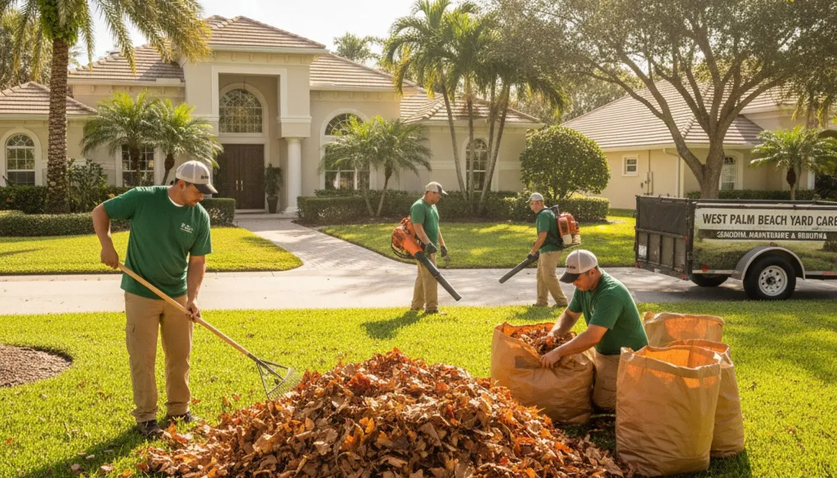 Technicians performing fall leaf removal and yard clean up in West Palm Beach, FL lawn