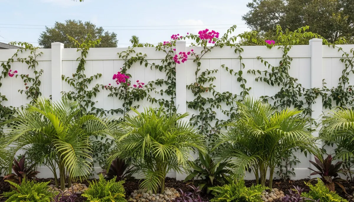 Professional fence and landscape design in West Palm Beach, FL with climbing plants and garden beds