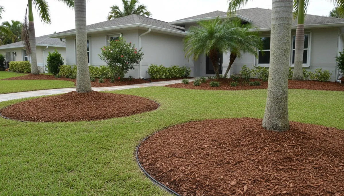 Fresh mulch installation with clean edges and rich color by landscapers in West Palm Beach, FL