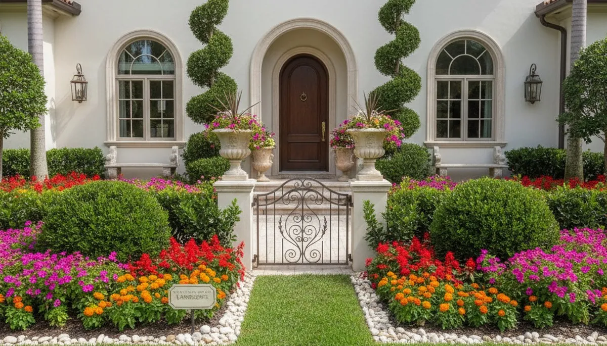 Front yard landscaping with colorful shrubs and flowers in West Palm Beach, FL by Chop Chop Landscaping
