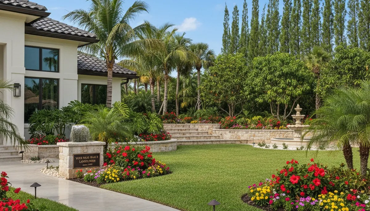 Full property landscape transformation with lawn, hardscape, and tropical plants in West Palm Beach, FL