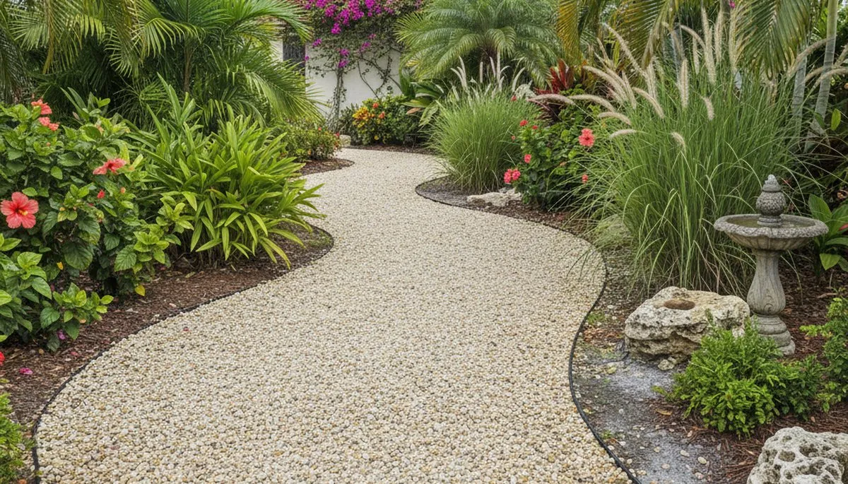 Pea gravel garden pathway in West Palm Beach FL landscape by Chop Chop Landscaping