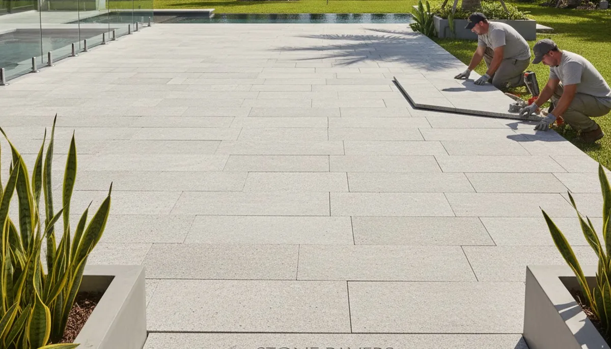 Modern large stone slab patio installation by Chop Chop Landscaping in West Palm Beach, FL