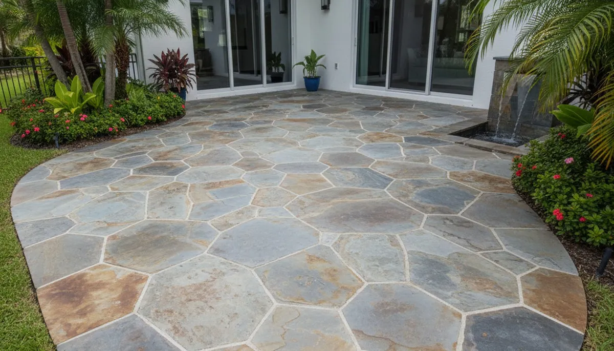 Flagstone patio with natural stone pavers installed by Chop Chop Landscaping in West Palm Beach, FL