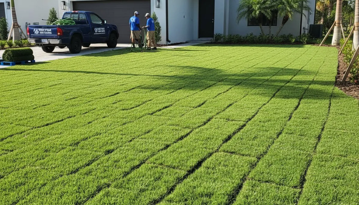 Freshly installed green sod lawn by professional landscapers in West Palm Beach, FL