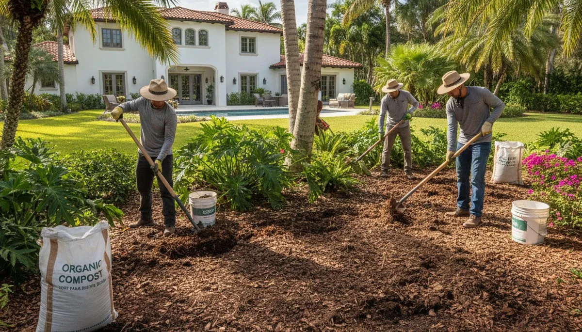 Organic compost and natural fertilizer application in West Palm Beach FL landscape beds