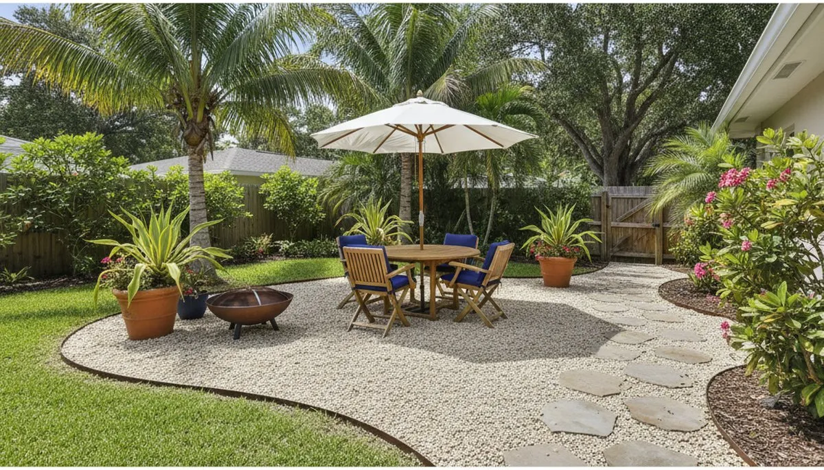 Pea gravel patio installation with edging and furniture in West Palm Beach FL by Chop Chop Landscaping