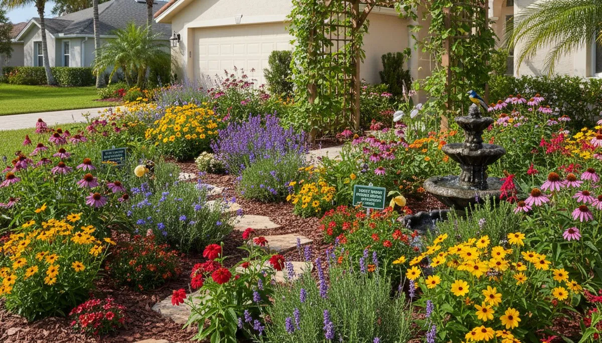 Pollinator-friendly native garden with butterflies and bees by organic landscapers in West Palm Beach FL