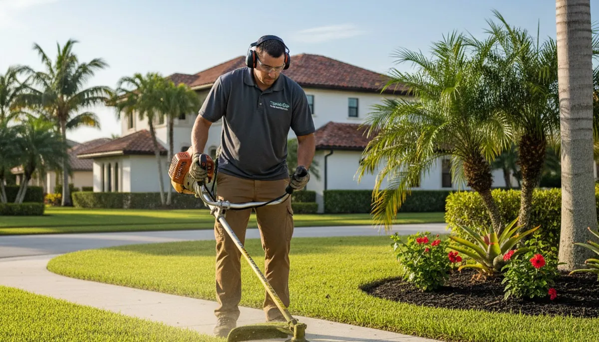 Technician performing precise lawn edging with trimmer in West Palm Beach FL for Chop Chop Landscaping