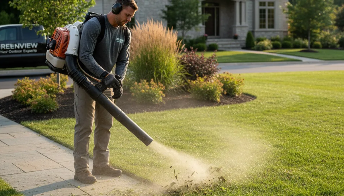 Landscaper using leaf blower for lawn debris cleanup in West Palm Beach, FL during maintenance service