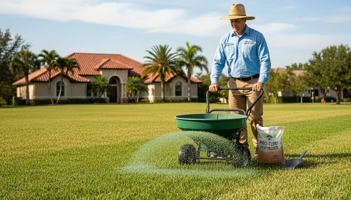 Lawn care technician spreading fertilizer on residential turf in West Palm Beach, FL