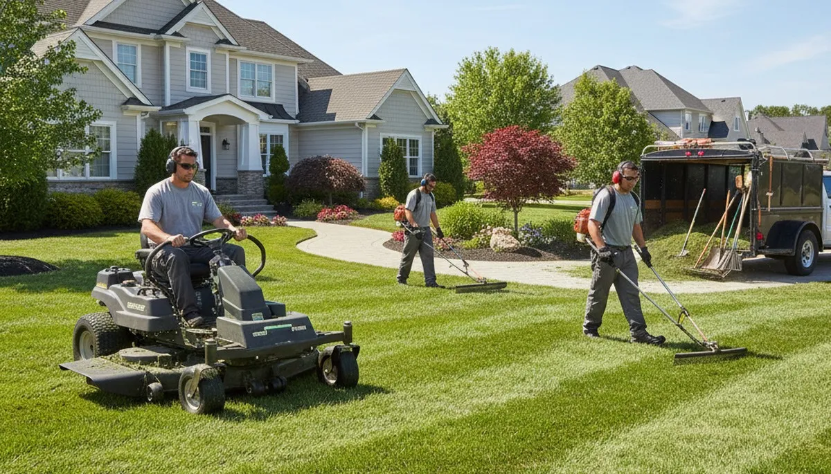 Professional lawn mowing, edging, and cleanup by landscaping crew in West Palm Beach, FL