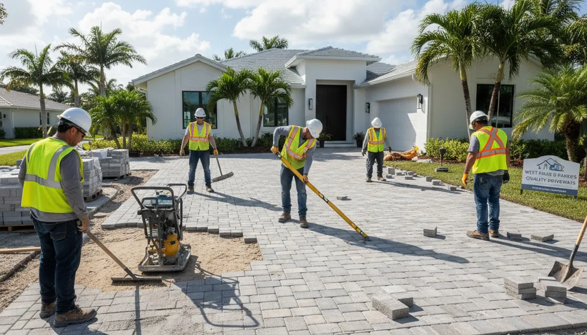Crew installing driveway pavers in West Palm Beach, FL for Chop Chop Landscaping project