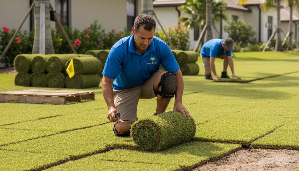 Professional landscaper installing and staggering fresh sod rolls in West Palm Beach, FL lawn
