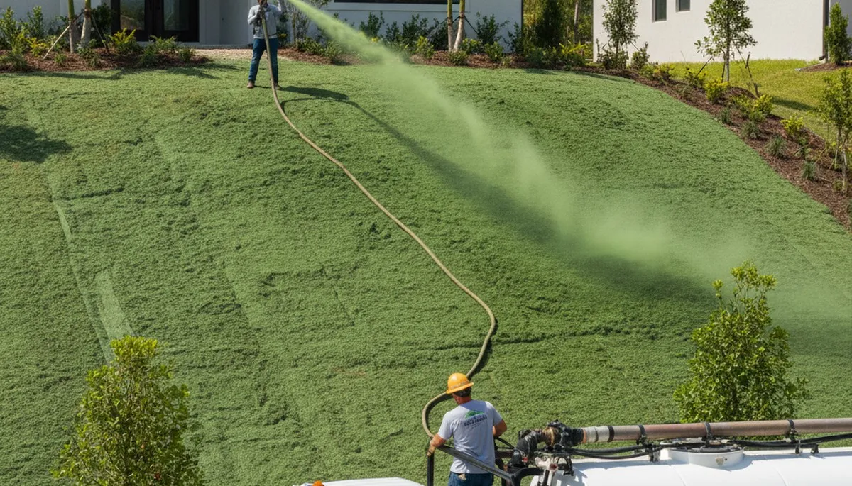 Professional hydroseeding on sloped terrain for erosion control in West Palm Beach, FL landscaping