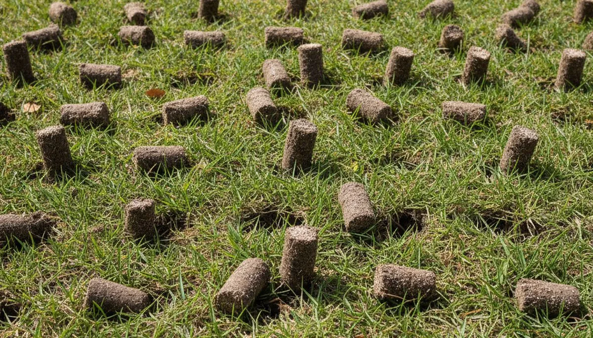 Close-up of soil core plugs after lawn aeration in West Palm Beach, FL by Chop Chop Landscaping