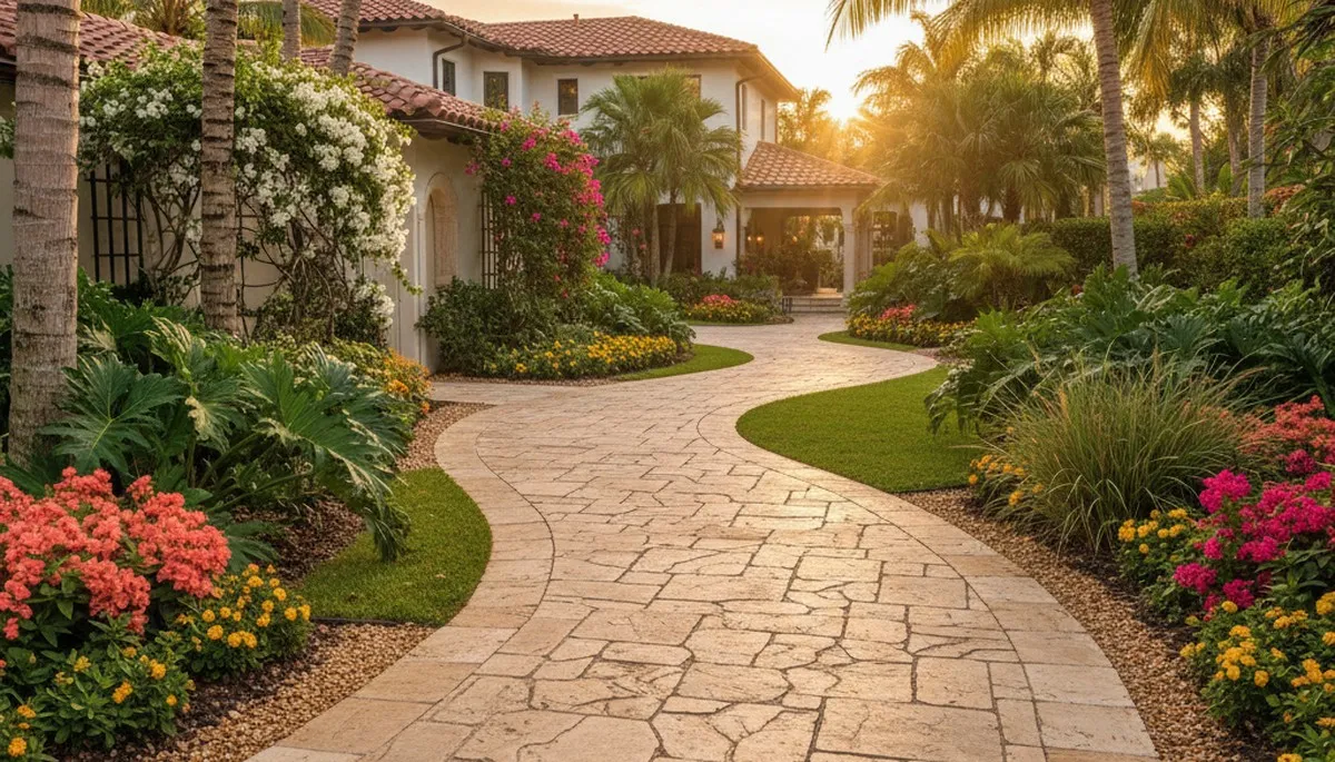 Curved stone paver pathway installation by Chop Chop Landscaping in West Palm Beach, FL