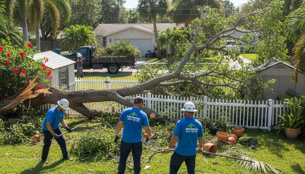 Landscaping crew clearing storm debris and branches during yard clean up in West Palm Beach, FL