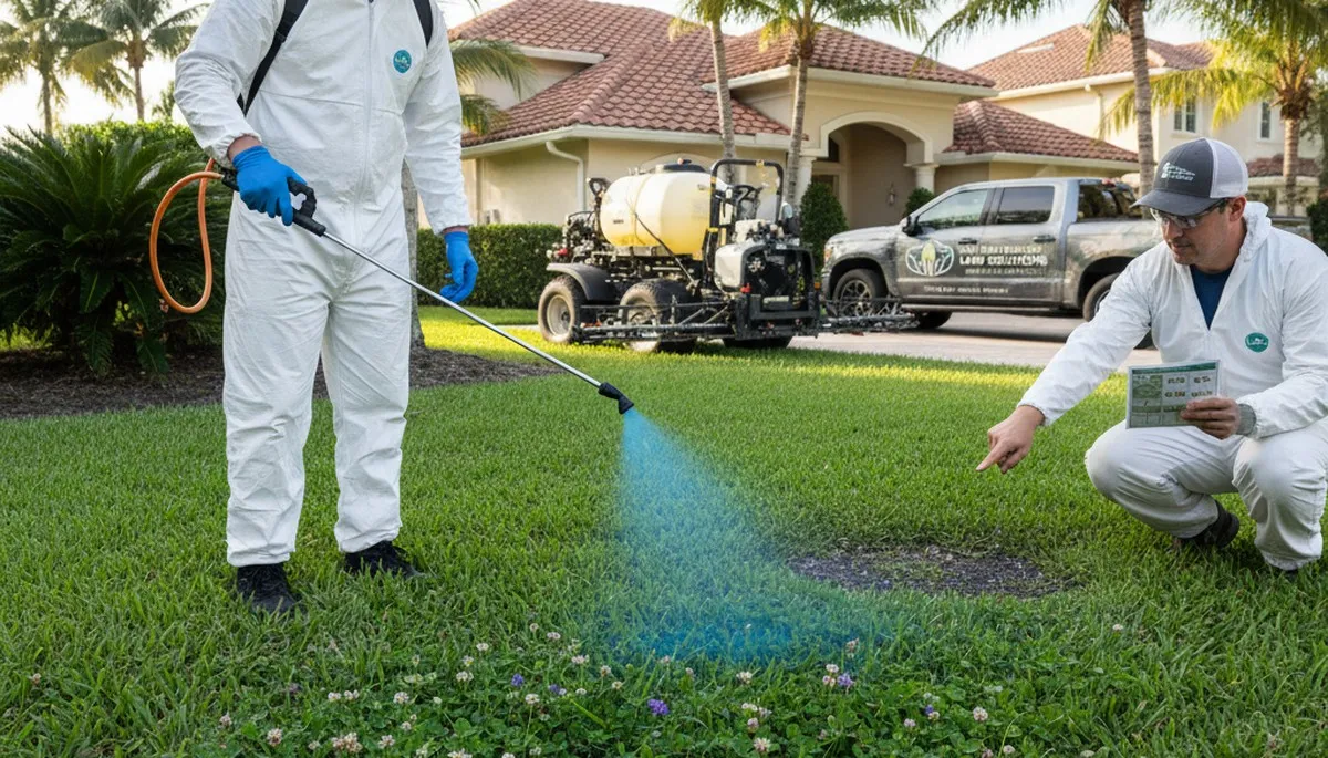 Lawn care expert applying targeted weed control treatment in West Palm Beach, FL yard