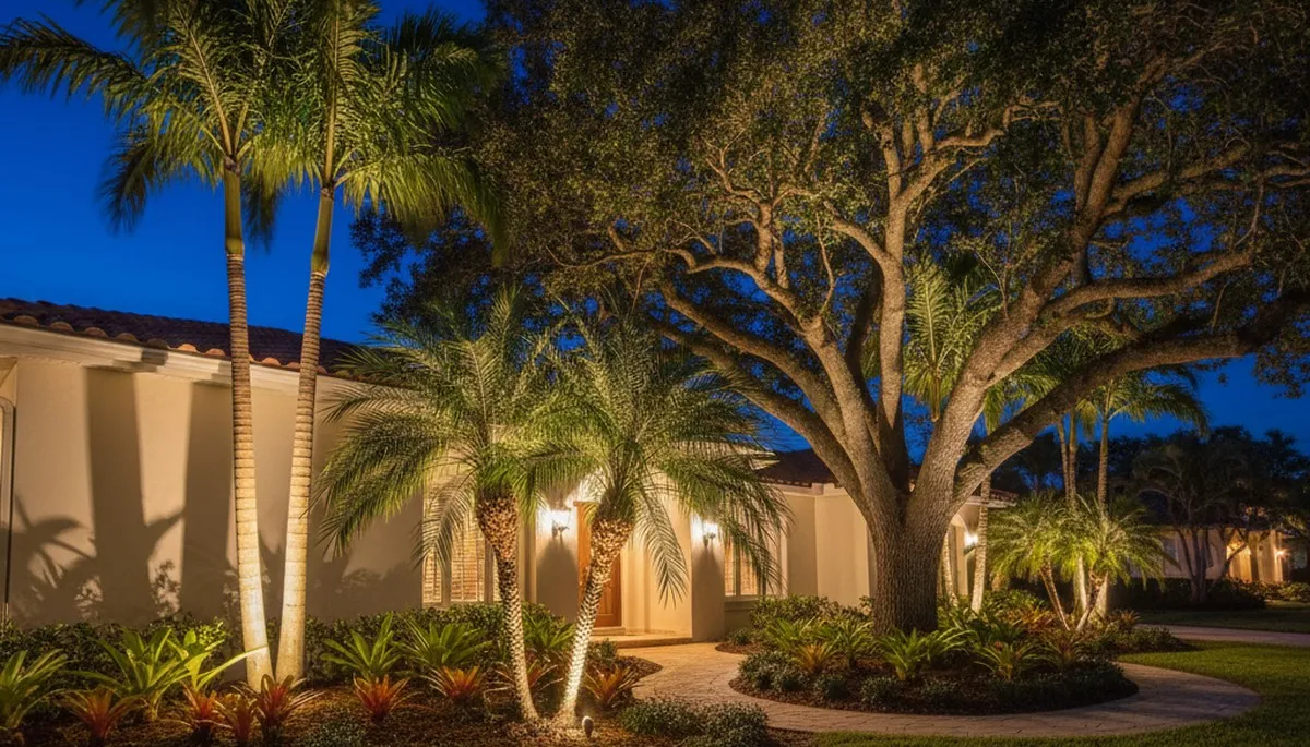 Uplighting mature trees with landscape lighting in West Palm Beach, FL for elegant nighttime curb appeal